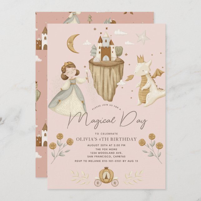 Princess & Dragon Boho Fairytale Pink Birthday Invitation (Front/Back)
