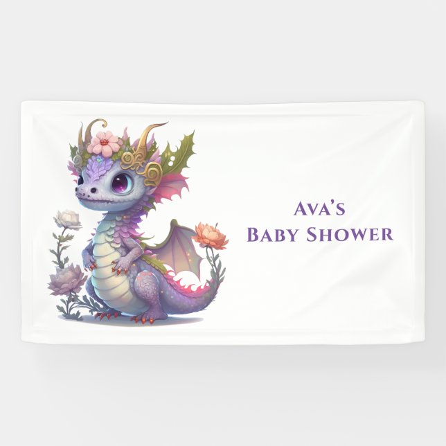 Princess Dragon with Florals Girl Baby Shower Banner (Horizontal)