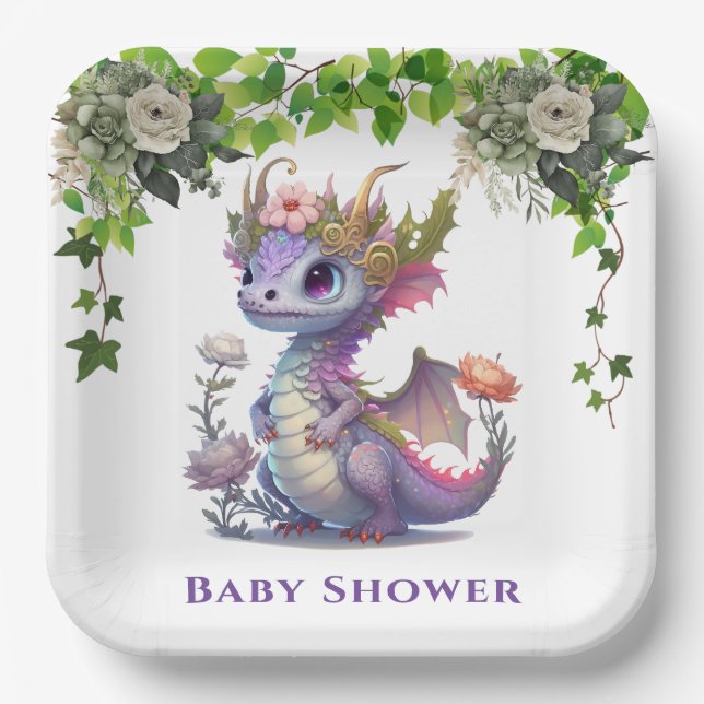 Princess Dragon with Florals Girl Baby Shower Paper Plate (Front)
