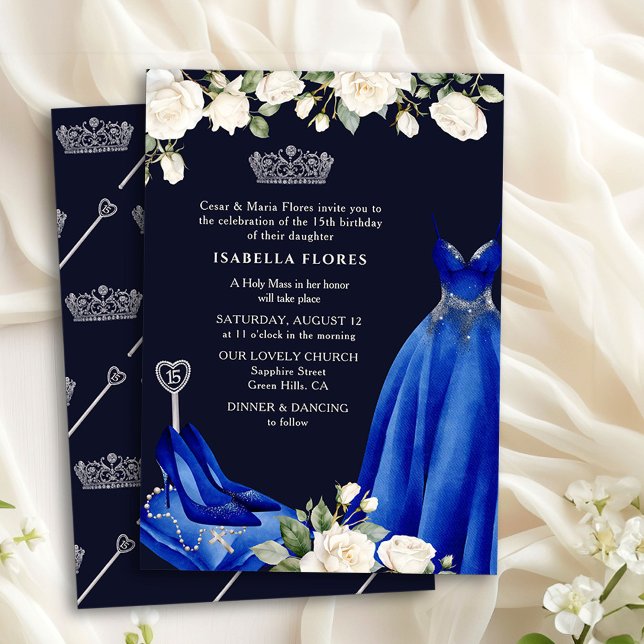 Princess Dress and Roses Blue Quinceanera Mass Invitation (Quinceanera + Mass Invite from the Princess Dress and Roses Quinceanera collection by Darling & May)