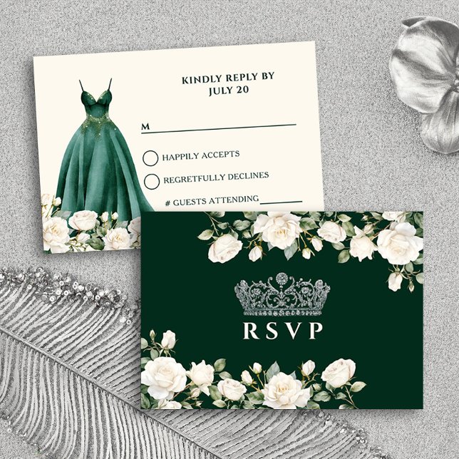 Princess Dress and Roses Emerald Green Quinceanera RSVP Card (RSVP Card from the Princess Dress and Roses Quinceanera Collection by Darling & May)