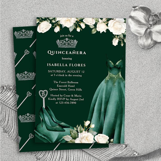 Princess Dress and Roses Green Quinceanera Invitation (Quinceanera Invitation from the Princess Dress and Roses Quinceanera Collection by Darling & May)
