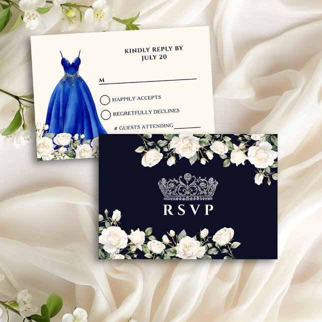 Princess Dress and Roses Royal Blue Quinceanera RSVP Card (RSVP card from the Princess Dress and Roses Quinceanera collection by Darling & May)