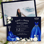 Princess Dress and White Roses Royal Blue Photo Save The Date<br><div class="desc">Elegant blue quinceanera Save the Date invitation with custom photo, royal blue princess dress and white roses. The design is complete with high heel shoes, tiara and sceptre and has a colour palette of royal blue, midnight blue, silver and creamy white. Chic and feminine mis quince save the date card...</div>