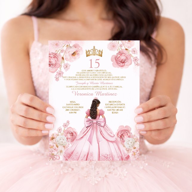 Princess Dress Gold Crown Floral XV Birthday Invitation (Creator Uploaded)