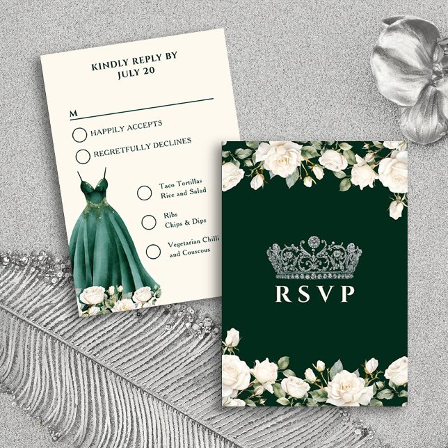 Princess Dress Green Quinceanera Menu Options (RSVP Card from the Princess Dress and Roses Quinceanera Collection by Darling & May)