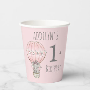 Princess Elephant Balloon Pink Grey 1st Birthday Paper Cups