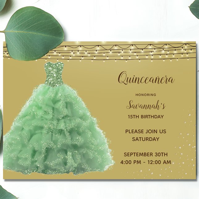 Princess Emerald Gown String Lights Quinceanera Invitation (Creator Uploaded)