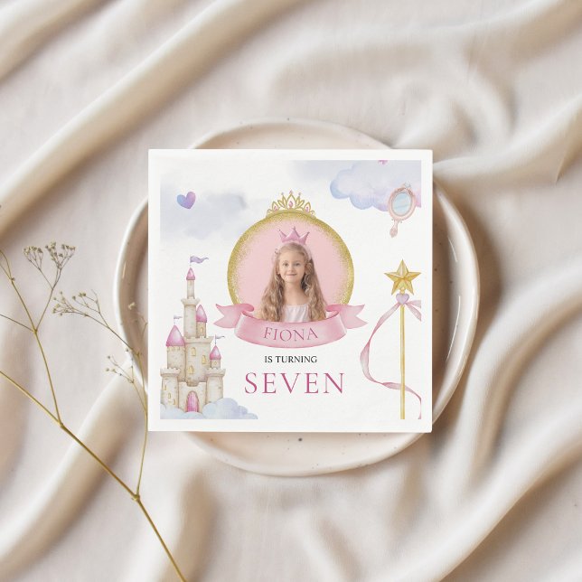 Princess Fairytale Cute Pink Girl's Photo Birthday Napkin (Custom Girl's Birthday Napkins Princess Fairytale Themed with Photo Whimsical Cute Modern Gold)