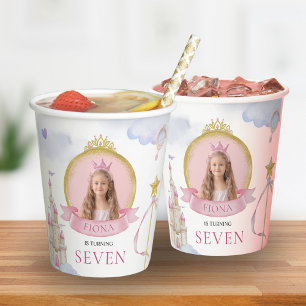 Princess Fairytale Cute Pink Girl's Photo Birthday Paper Cups