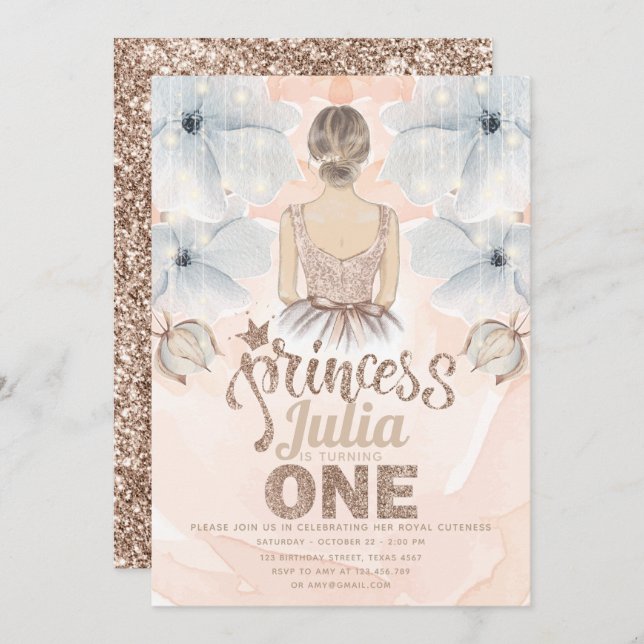 Princess First Birthday Party Beige glitter Invitation (Front/Back)