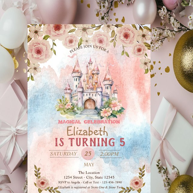 Princess Floral Castle Watercolor Birthday Invitation (Creator Uploaded)