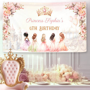 Princess Floral Crown Pink Gold Girl Birthday Banner