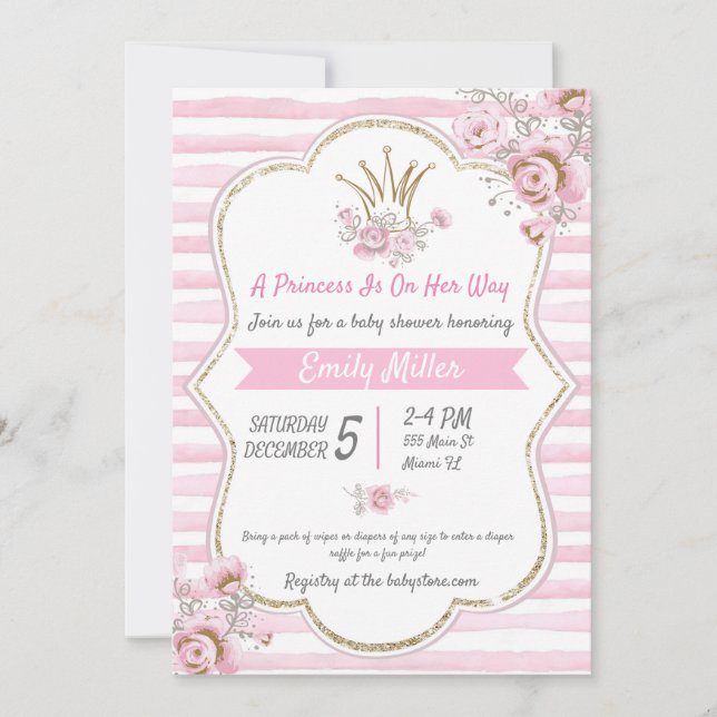 Princess floral pink gold shower invitation (Front)
