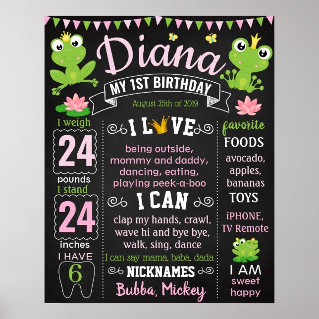 Princess Frog First birthday chalk board Poster (Front)
