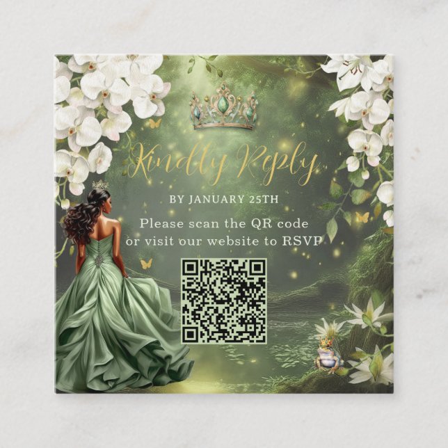 Princess & Frog Green Dress Sweet 16 Quince XV QR Enclosure Card (Front)