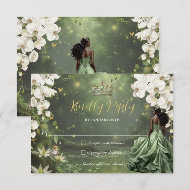 Princess & Frog Green Dress Sweet 16 Quinceañera  RSVP Card (Front/Back)