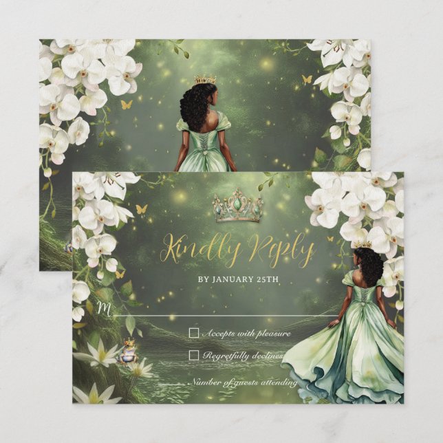 Princess & Frog Green Dress Sweet 16 Quinceanera RSVP Card (Front/Back)