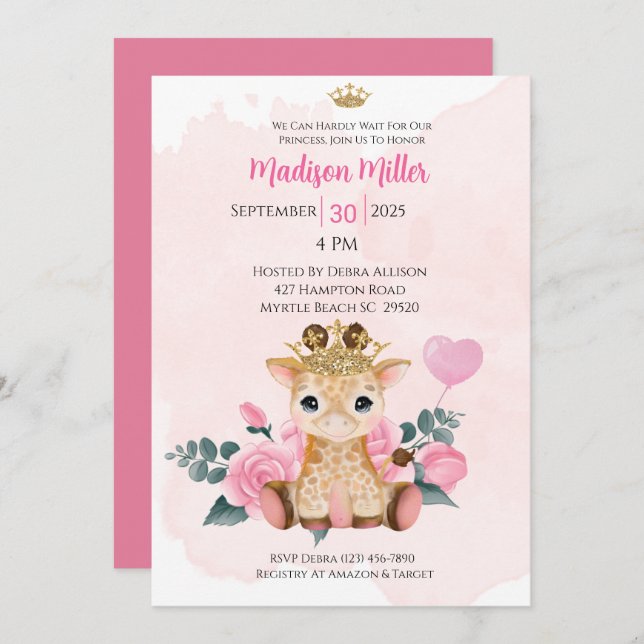  Princess Giraffe Pink Floral Baby Shower  Invitat Invitation (Front/Back)