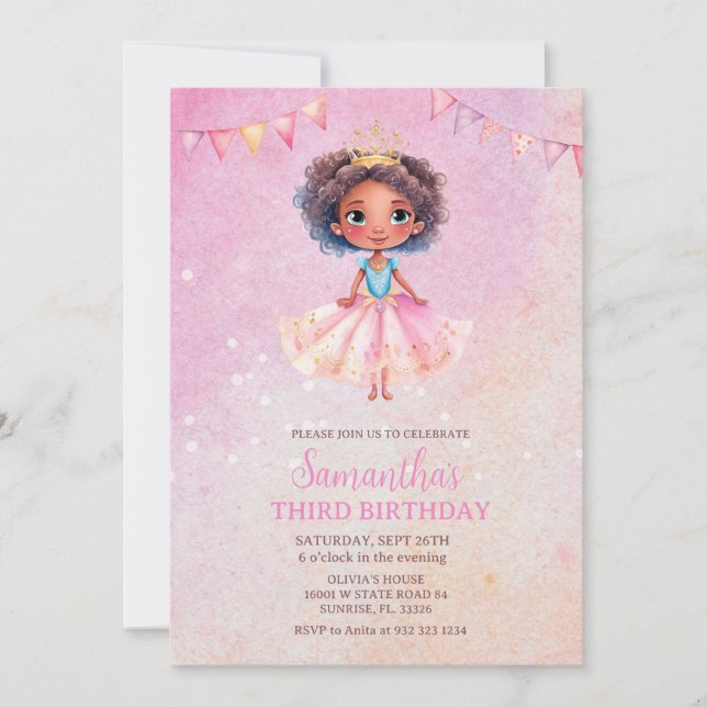 Princess Girl African American Glitter Birthday  Invitation (Front)