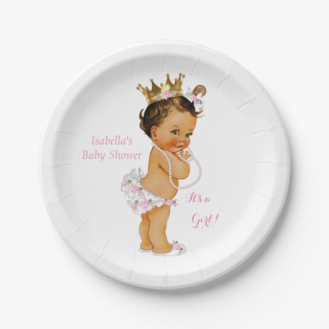 Princess Girl Baby Shower Pink Gold Crown Brunette Paper Plate (Front)