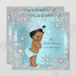 Princess Girl Baby Shower Teal Blue Hearts Ethnic Invitation