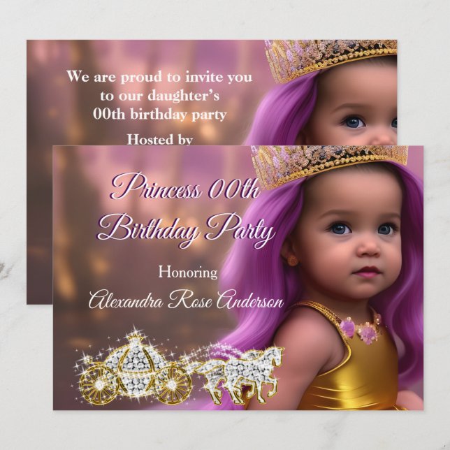 Princess Girl Birthday Party Carriage purple gold Invitation (Front/Back)