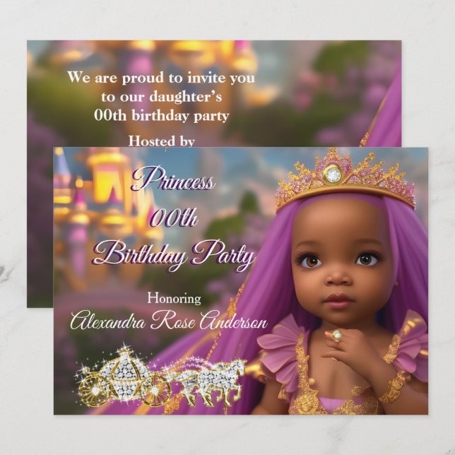 Princess Girl Birthday Party tiara purple ethnic 2 Invitation (Front/Back)
