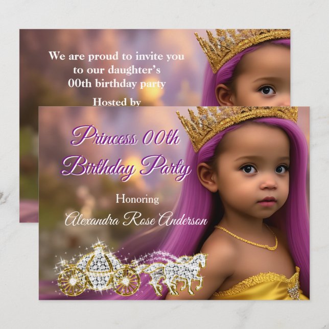 Princess Girls Birthday Party Carriage purple gold Invitation (Front/Back)