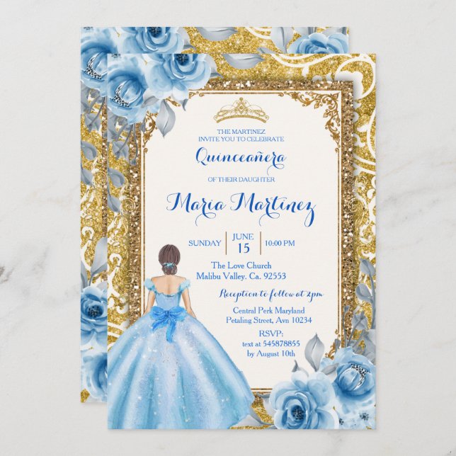 Princess Gold and Blue Rose Quinceanera Invitation (Front/Back)