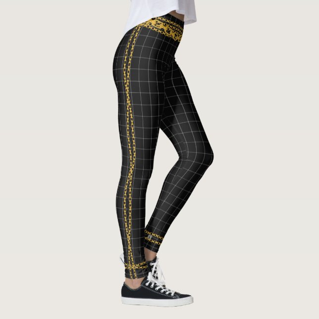 Princess Gold Chain Black White Grid Plaid Tartan Leggings (Right)