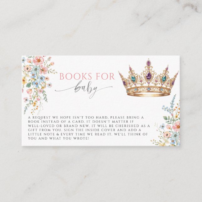 Princess Gold Crown Floral Books for Baby Shower   Enclosure Card (Front)