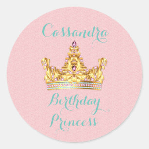 Princess Gold Jewelled Tiara Pink Damask Classic Round Sticker