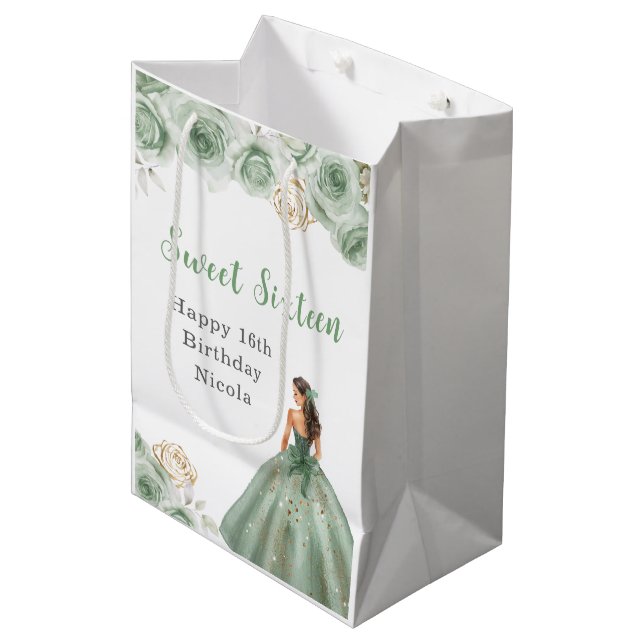 Princess in a Green Dress Sweet Sixteen Birthday Medium Gift Bag (Front Angled)