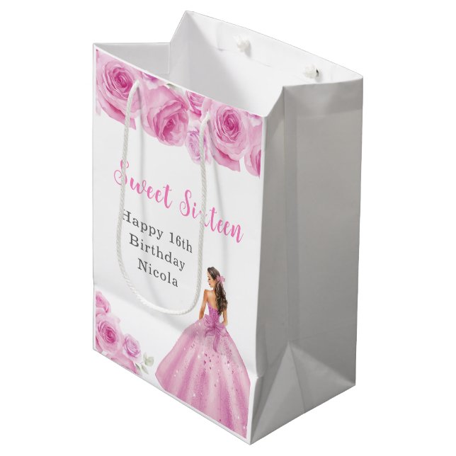 Princess in a Pink Dress Sweet Sixteen Birthday Medium Gift Bag (Front Angled)