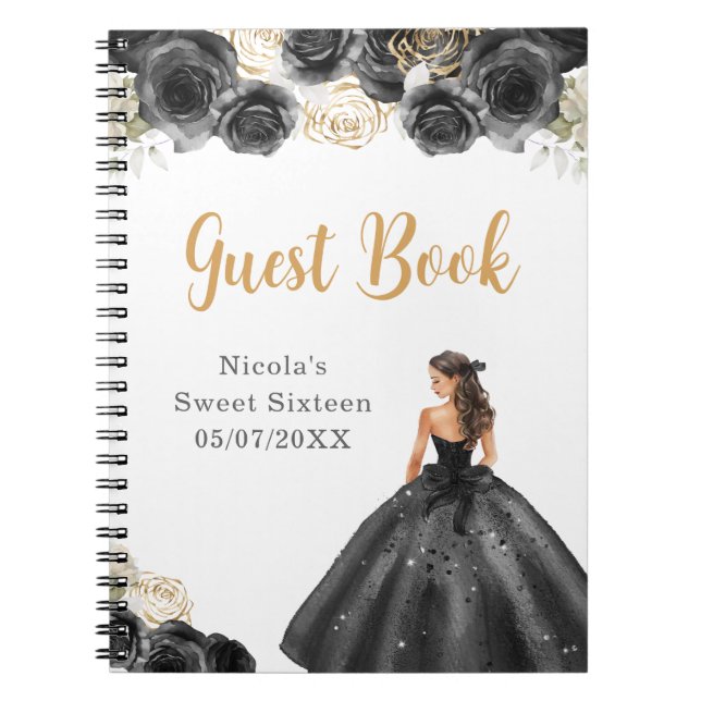 Princess in Black Dress Sweet Sixteen Guest Book (Front)