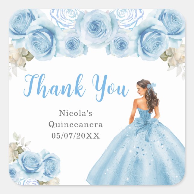 Princess in Blue Dress Quinceanera Thank You Square Sticker (Front)