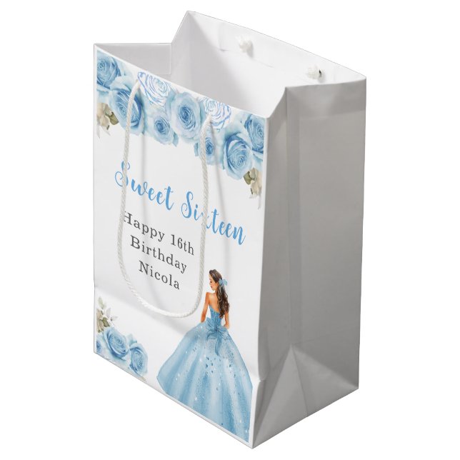 Princess in Blue Dress Sweet Sixteen Birthday Medium Gift Bag (Front Angled)