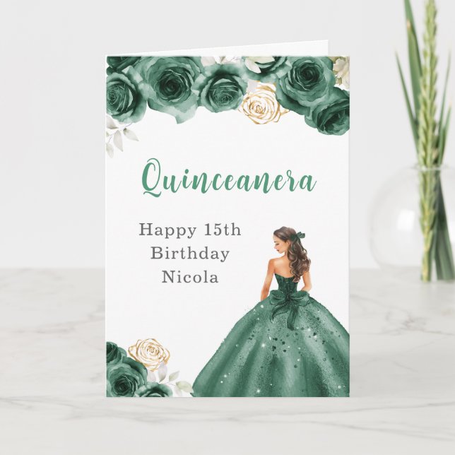 Princess in Dark Green Dress Birthday Quinceanera  Card (Front)