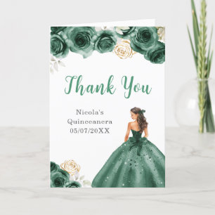 Princess in Dark Green Dress Quinceanera Thank You Card