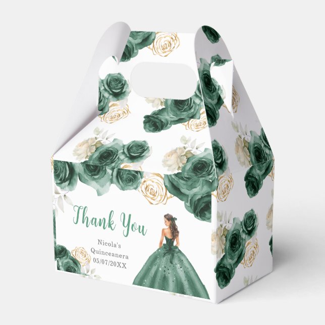 Princess in Dark Green Dress Quinceanera Thank You Favour Box (Front Side)