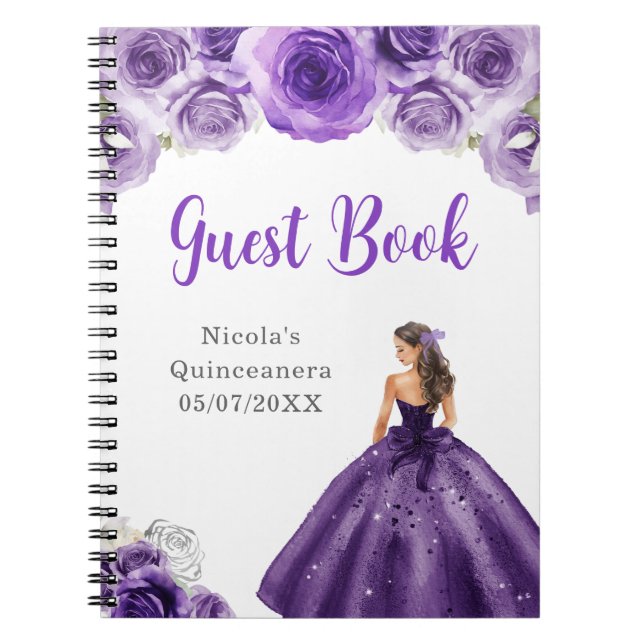 Princess in Dark Purple Quinceanera Guest Book (Front)