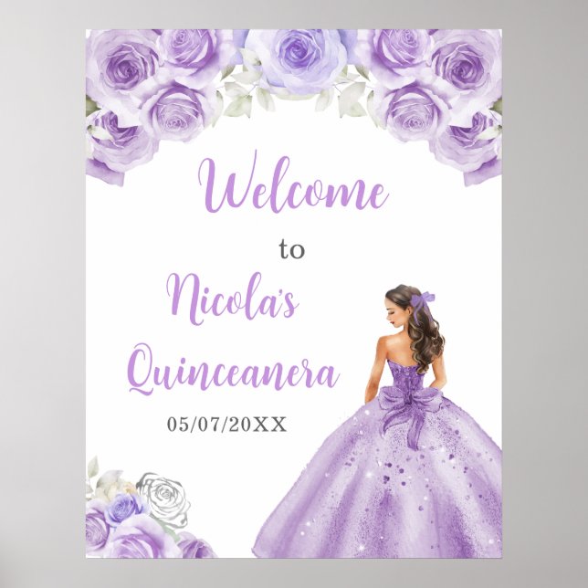Princess in Dusty Purple Dress Quinceanera Welcome Poster (Front)