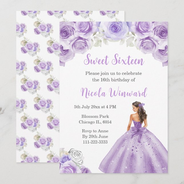 Princess in Dusty Purple Dress Sweet Sixteen Invitation (Front/Back)