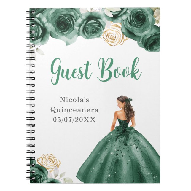 Princess in Green Dress Quinceanera Guest Book (Front)