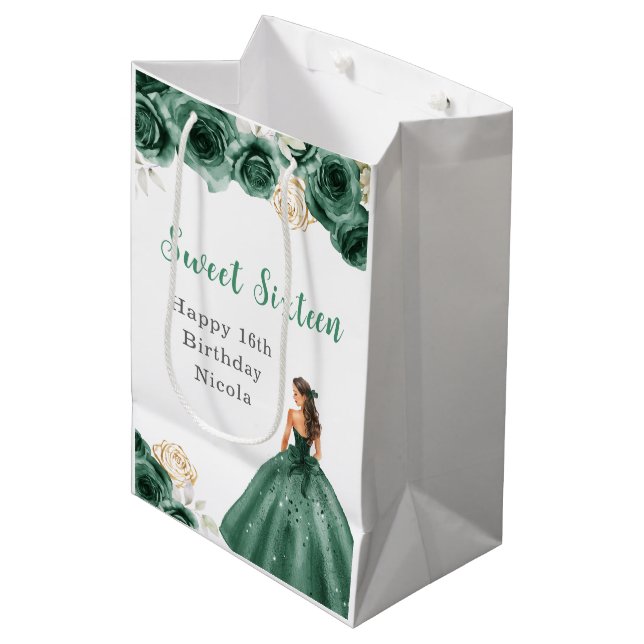 Princess in Green Dress Sweet Sixteen Birthday Medium Gift Bag (Front Angled)