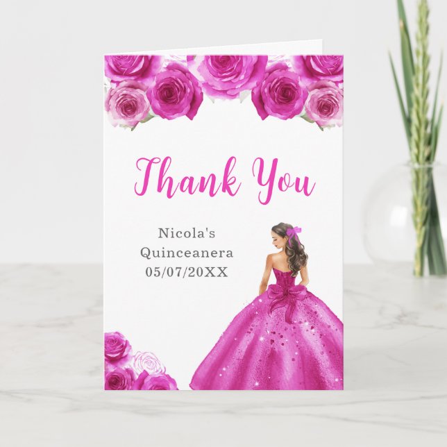 Princess in Hot Pink Dress Quinceanera Thank You Card (Front)