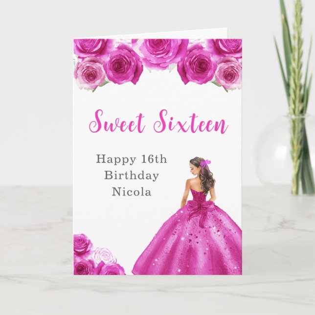 Princess in Hot Pink Dress Sweet Sixteen Birthday Card (Front)