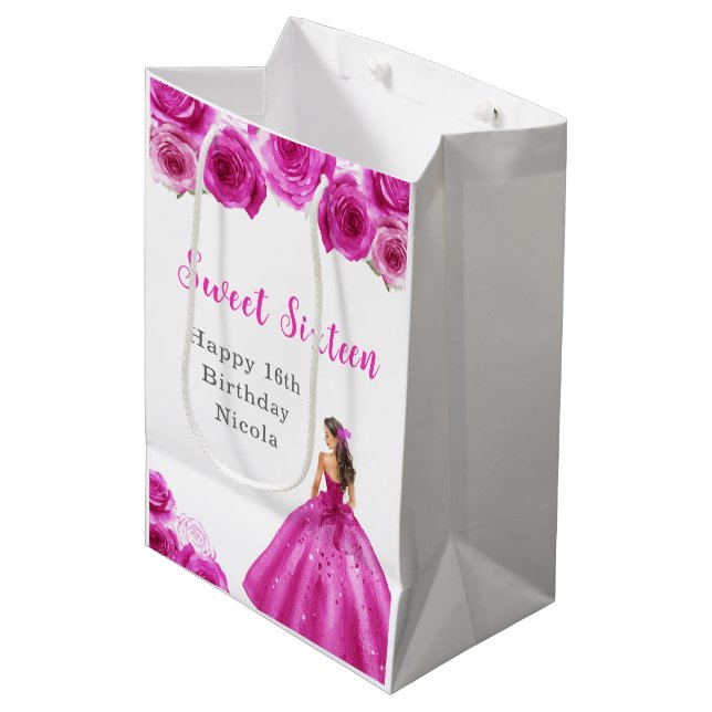 Princess in Hot Pink Dress Sweet Sixteen Birthday Medium Gift Bag (Front Angled)