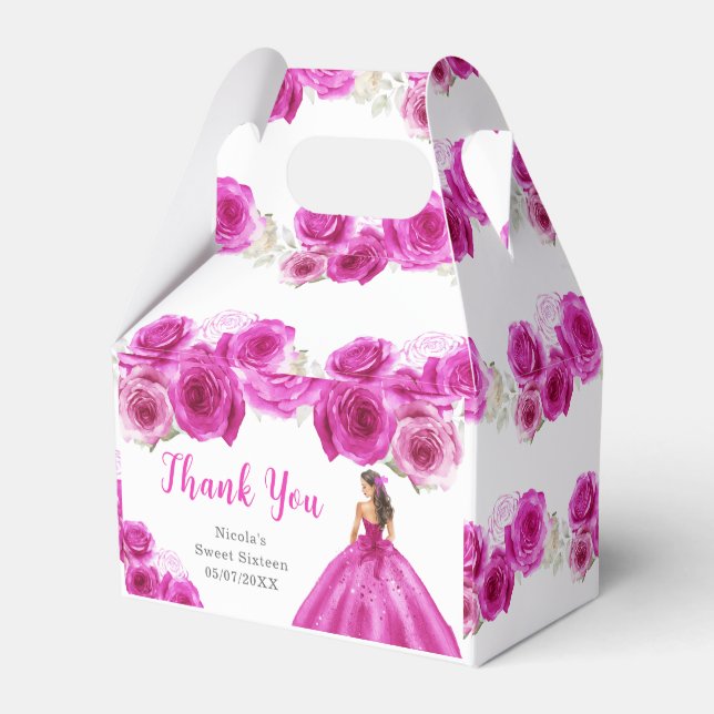 Princess in Hot Pink Dress Sweet Sixteen Thank You Favour Box (Back Side)